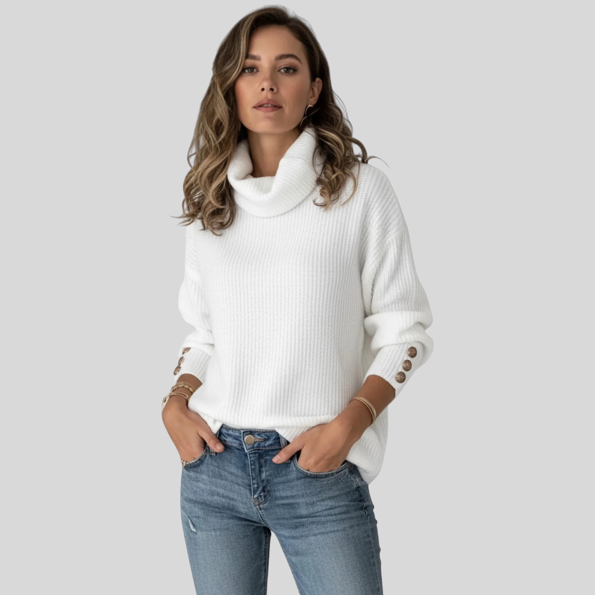 Femme Pull Col Montant Boutons | Pull Maille Manches Longues