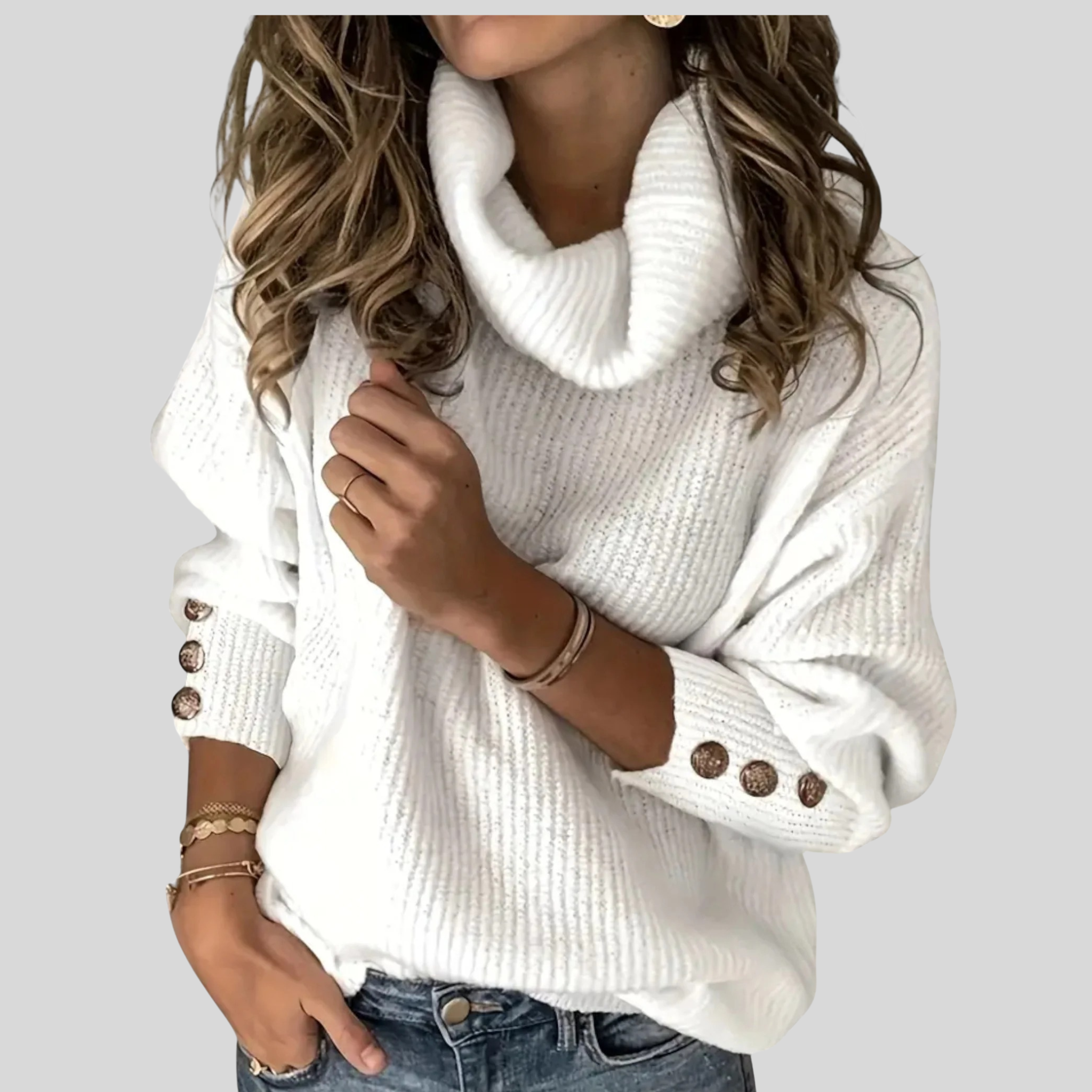 Femme Pull Col Montant Boutons | Pull Maille Manches Longues