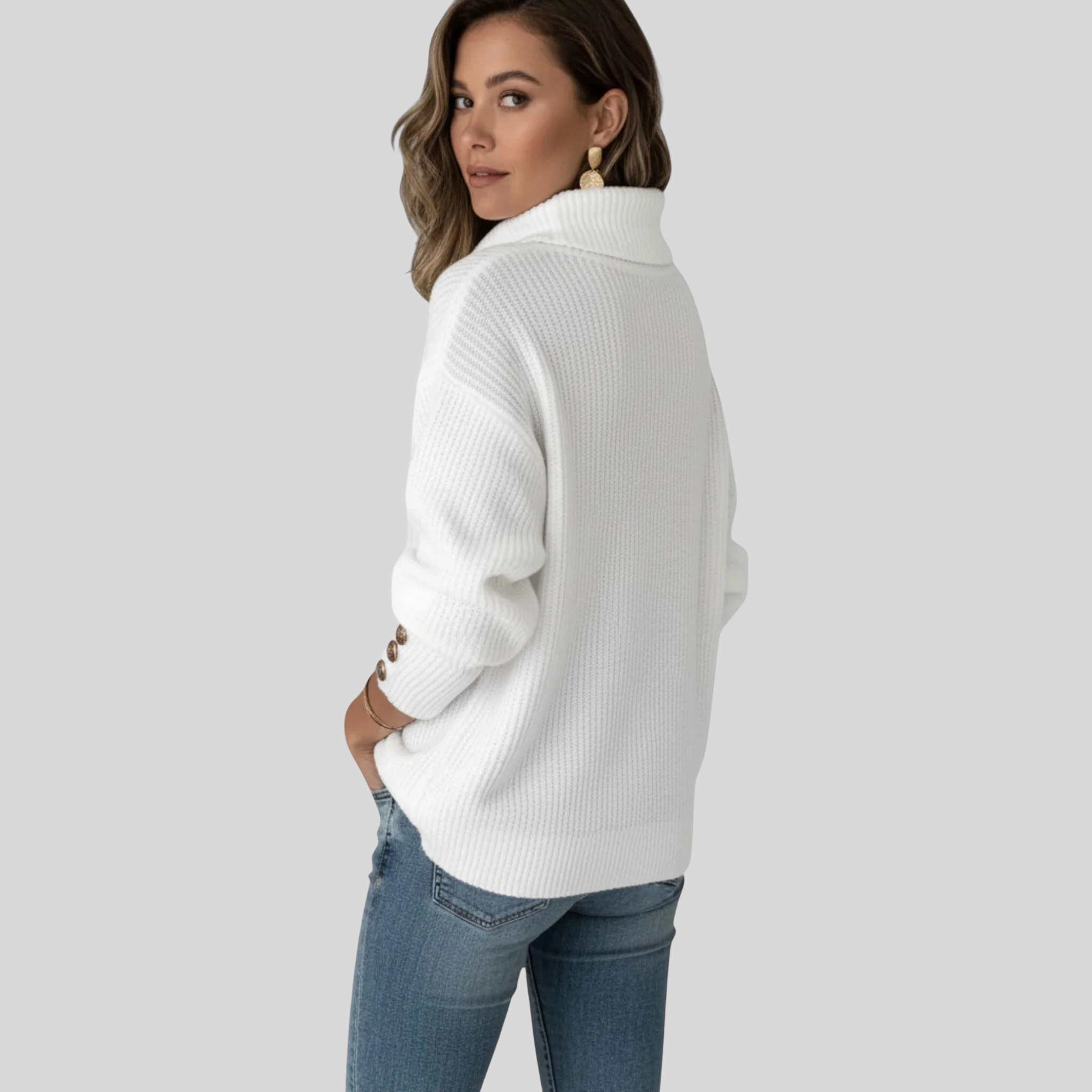 Femme Pull Col Montant Boutons | Pull Maille Manches Longues